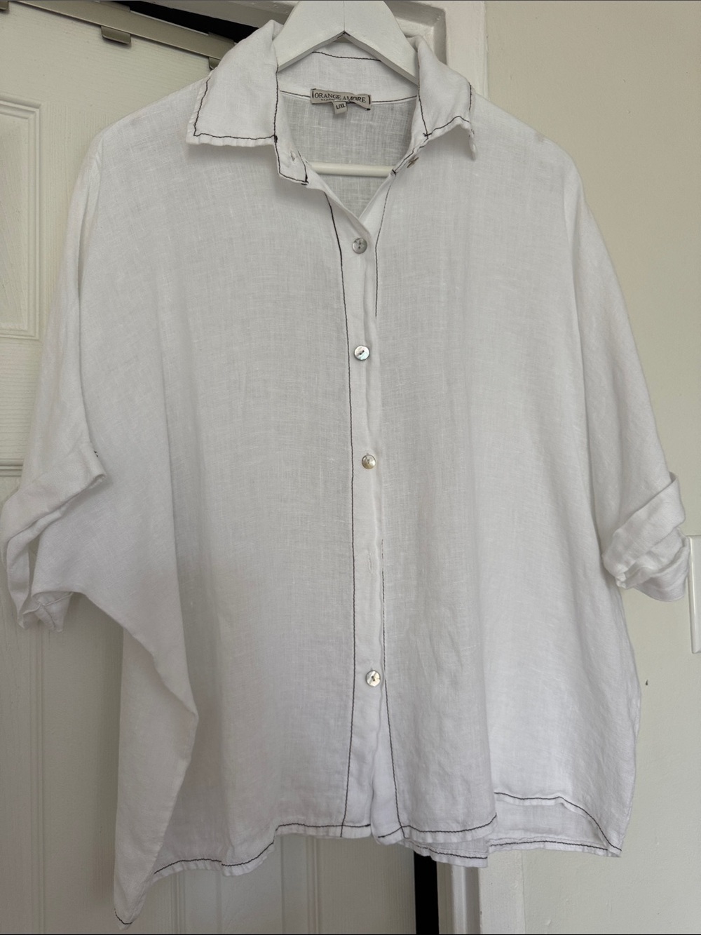 White Linen Button-Down Shirt with Contrast Stitch